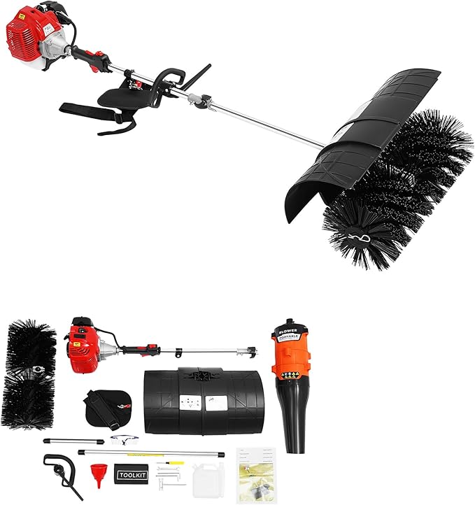 TFCFL Gas Handheld Sweeper,Outdoor Hand Held Broom, 52cc 2 Stroke Broom Walk Behind Sweeper Cleaning Driveway Tools,with Air Cooled Motor, High Performance Cleaning Sweeping Machine 2.3HP 1.7kw