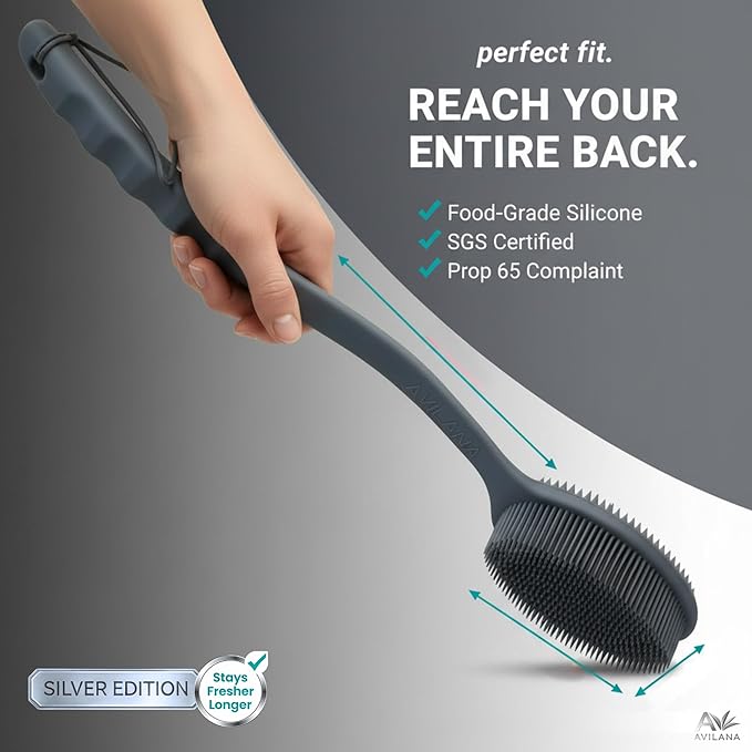 Avilana Silver Edition Back Scrubber Long Handle 19 Inch - Silver-Ion Infused Silicone Bath Brush, ISO Tested Dual Sided, Stays Fresh Extended Reach Back Washer Women Men Seniors Elderly Mobility Gift