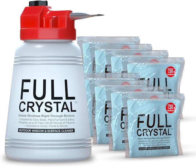 Full Crystal Window Cleaning Kit + Refill - 1 LB Glass Cleaner + 1 LB Refill Bag, Clean Up to 160 Windows - Scrub & Rinse Free, Removes Dirt, Grime, and Water Deposits from Glass & Screens