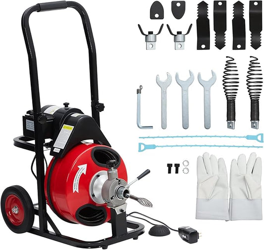 Auto Feed 100 ft x 1/2 in Drain Cleaner Machine with 370W Motor, Portable Sewer Snake Auger with 8 Cutters & Air-activated Foot Switch, Fits 1 in to 4 in Pipes, Black & Red
