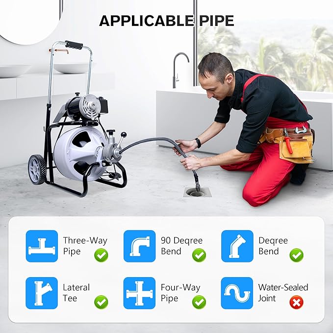 Drain Cleaner Machine 75FT x 1/2 Inch, Auto Feed Sewer Snake Drain Auger - Electric Drain Cleaning Machine Fits 1 Inch to 4 Inch Pipes, Portable Drain Auger Cleaner with 8 Cutters