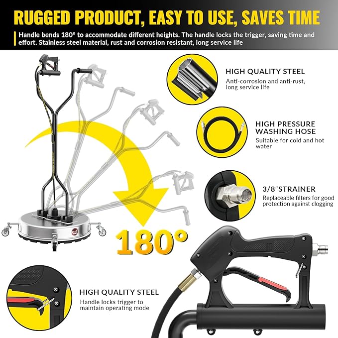 24 Inch Pressure Washer Surface Cleaner with 4 Wheels,Dual Handle,Stainless Steel Housing,4500 PSI Power Washer Accessory for Concrete, Patio, Sidewalk, Deck, Driveways and Daily Washing