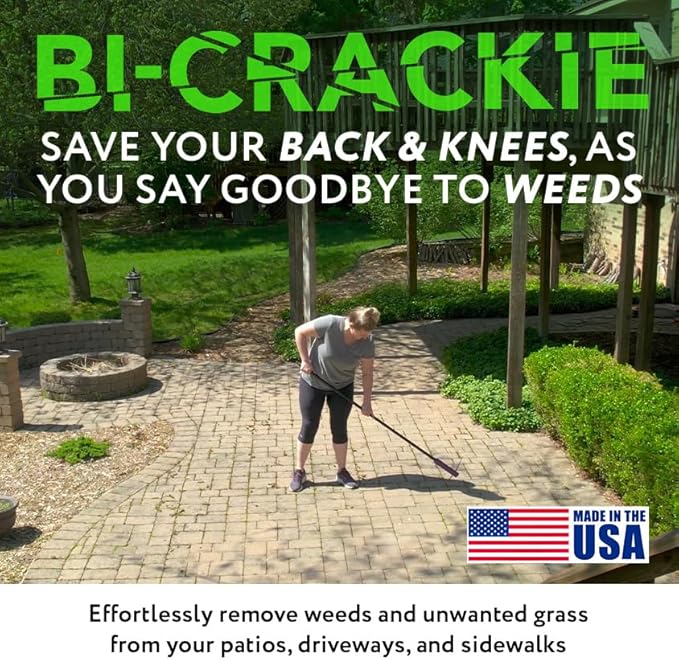 BICRACKIE Stand-Up Paver Crack Weeding Tool with 60" Steel Pole; Steel Blade with 2-Sized, 5" Tapered Ends for Patios, Driveways (Saw-Cut), Sidewalks, Pavers to Remove Weeds Easily; Made in USA