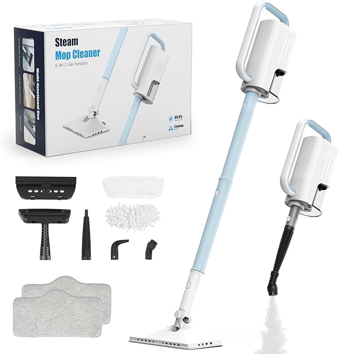 7-in-1 Steam Mop, 1200W Rotated Steam Cleaner for Home, 2 Modes, 400ML Removable Tank, 23FT Cord, 2 Washable Pads, Multi-Surface Steamer for Hard Floor, Laminate Floor, Tiles Cleaning (Light Blue)