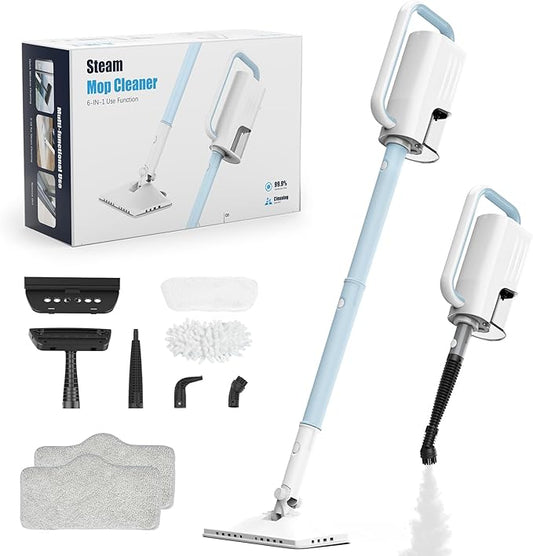 7-in-1 Steam Mop, 1200W Rotated Steam Cleaner for Home, 2 Modes, 400ML Removable Tank, 23FT Cord, 2 Washable Pads, Multi-Surface Steamer for Hard Floor, Laminate Floor, Tiles Cleaning (Light Blue)