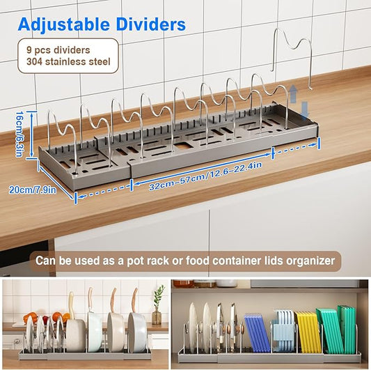 Pots and Pans Organizer Under Cabinet, 22" Expandable Food Storage Container Lid Organizers with 9 Adjustable Dividers Pot and Pan Lid Holders Rack Inside Cabinet/Countertop(1 Pack, Gray)