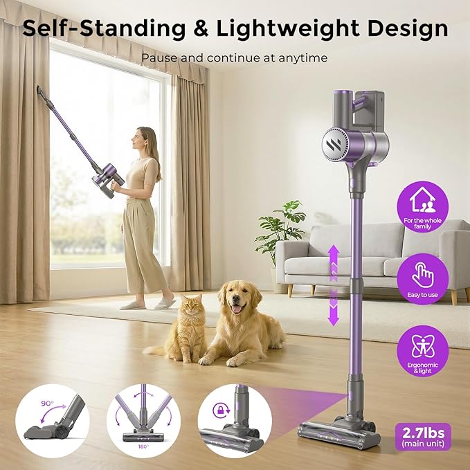 Vacuum Cleaners for Home,Cordless Vacuum Cleaner,Lightweight Stick Vacuum Cordless Rechargeable,Self-Standing Design,LED Touch Screen,Vacuum for Hardwood Floors,Carpet,Pet Hair(Lavender Purple)