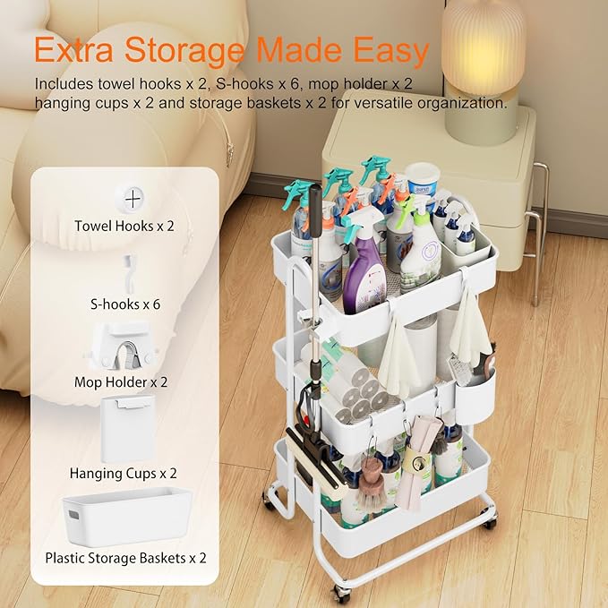 3 Tier Metal Rolling Utility Cart Organizer, Cleaning Supplies Carts with Lockable Wheels, Hanging Cups, Baskets, Mop Holder Hooks, Kitchen Storage Trolley Cart Laundry Garage Bathroom, White