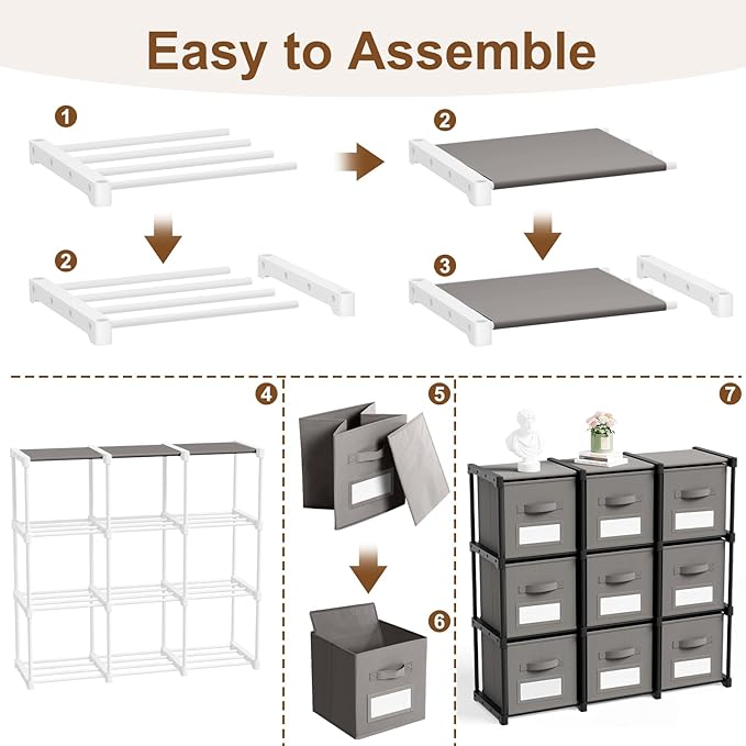 Geelin 9 Sets Cube Storage Organizer Bins with Shelf & Labels 11 Inch, Fabric Collapsible Cubby Toys Clothes Storage Drawer Unit for Daycare Nursery Playroom Bedroom Dorm Organizer (Gray)