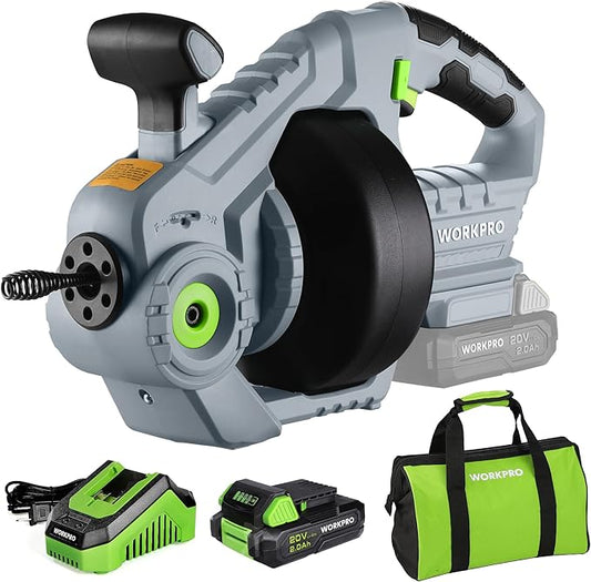 WORKPRO 20V Electric Drain Auger, 25Ft Plumbing Snake Drain Hair Removal Tool Set with 2.0AH Battery and Charger, Toilet Snake for Sewer, Bathroom, Sink, Drain Snake 3/4"-2" Pipe