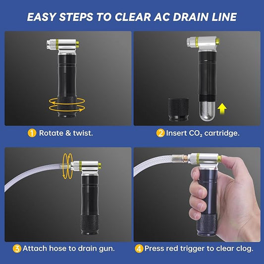 Upgraded Drain Device, AC Drain Line Cleaner Device, AC Drains Line Unclogger Tool, with 6 Unthreaded CO2 Cartridges, with a Flexible Hose to Clear All HVAC Clogs,20 Gram Unthreaded CO2