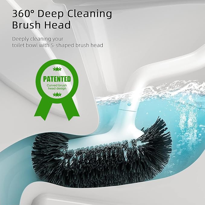 HAMITOR Toilet Bowl Brush Holder Set: Deep Cleaning Brushes with Curved Design - Ergonomic Long Handle for 360?? Dead Corner Clean with Replacement Brush - Bathroom Accessories for RV Apartment