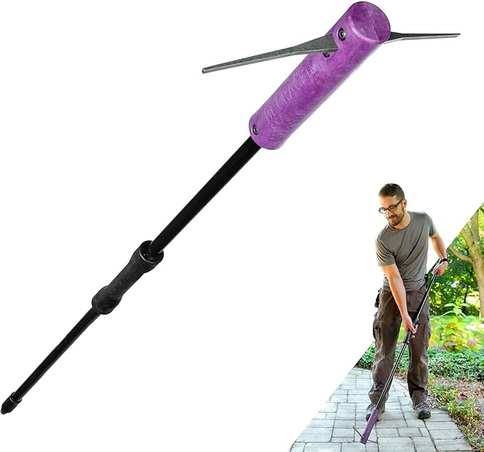 BICRACKIE Stand-Up Paver Crack Weeding Tool with 60" Steel Pole; Steel Blade with 2-Sized, 5" Tapered Ends for Patios, Driveways (Saw-Cut), Sidewalks, Pavers to Remove Weeds Easily; Made in USA