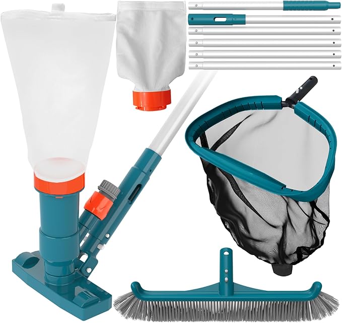 Above Ground Pool Cleaning Kit with Garden Hose Pool Vacuum, Aluminum Frame Leaf Rake Net, Wall Brush and 8Ft Pole for Remove Leaves & Debris