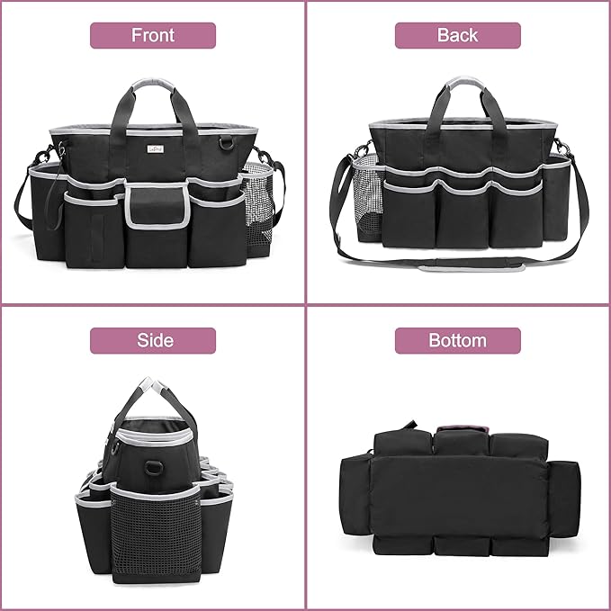 LoDrid Cleaning Caddy Bag with Handle and Shoulder Strap, Cleaning Supplies Organizer for Cleaning Work with 3 Compartments and Multifunctional Pockets, Black with Gray Edge