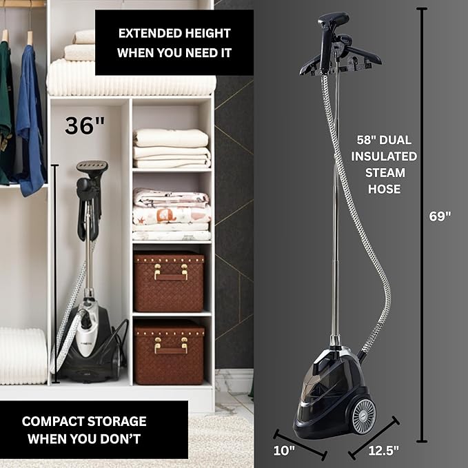 True & Tidy Luxury Upright Garment Steamer with 10 Steam Settings, Smart Auto Shut-Off 1800 Watt Powerful Standing Clothes Steamer, Fast Heat-Up Fabric Steamer, Eclipse