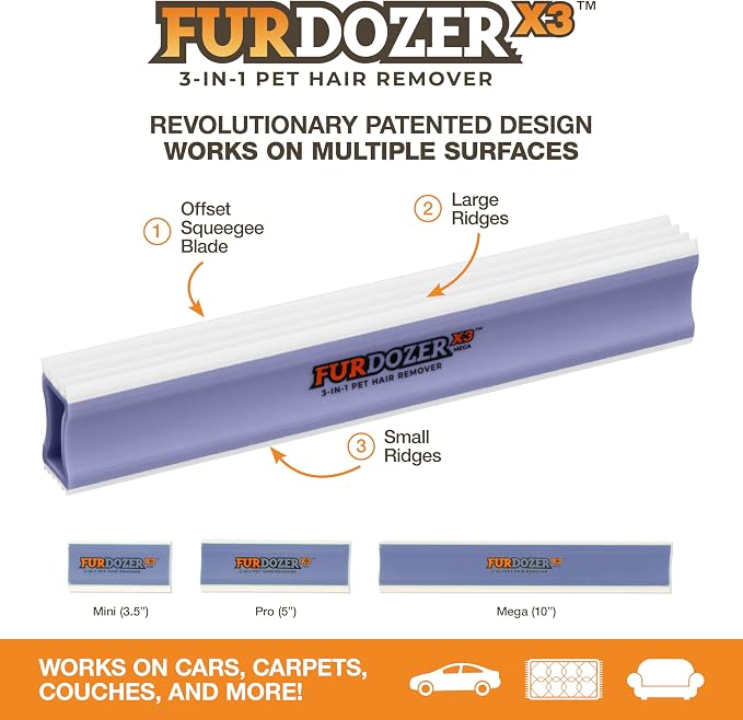 FurDozer Pet Hair Remover & Auto Detailing Tools - Cat & Dog Hair Remover for Carpets, Car Interiors, Couches, Bedding, & Pet Furniture (Purple, X3 MEGA - 10" Long) - Image 2