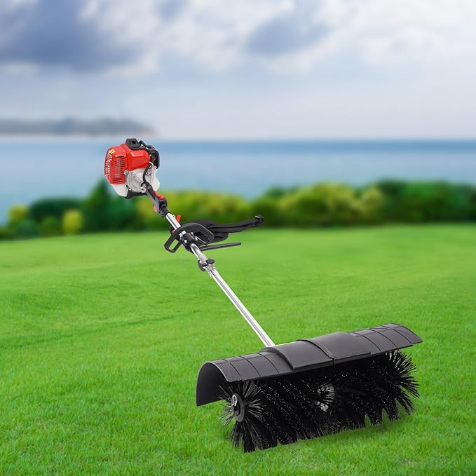 Portable Outdoor Hand Held Gas Power Broom 2.3HP 52CC 2 Stroke Engine Gasoline Power Broom Walk Behind Sweeper Cleaning Driveway Tools for Cleaning Driveway Turf Lawns Artificial Grass