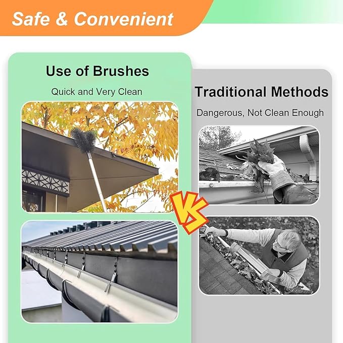 Outdoor Patio Rain Gutters Clean Kit with PET Brushes & Non-slip Handle for Debris Removal, 5.5ft 6.5feet 7.5foot Long Gutter Cleaning Tool From the Ground(6.5ft)