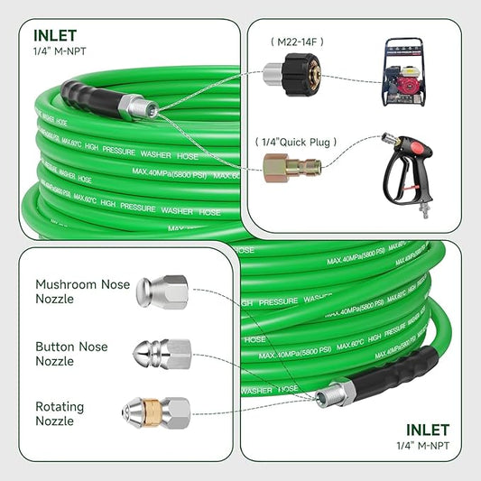 Sewer Jetter Kit for Pressure Washer 200FT – 5800PSI High-Pressure Drain Cleaner, M22 & 1/4'' NPT Universal Fit, Unclog Gutters & Sewer Lines, Durable Jetter Hose for Homeowners & DIYers (200FT)
