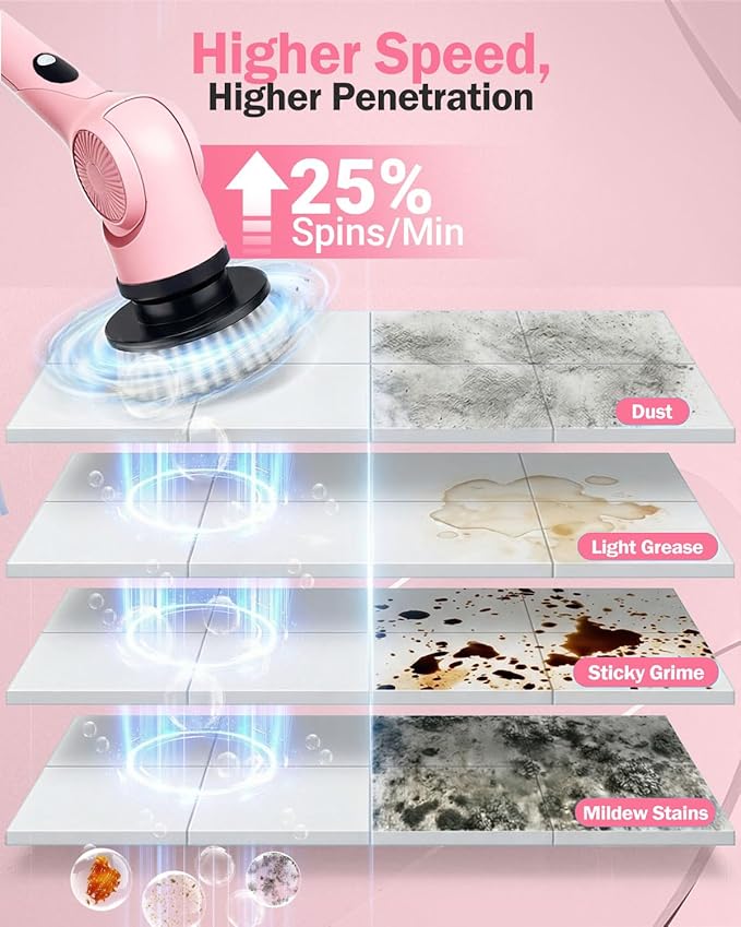 Electric Spin Scrubber, 3-Speed Cordless Shower Scrubber with Long Handle & 10 Replaceable Brush Heads, 90 Mins Runtime & Full-Body IPX7 Waterproof Shower Cleaner Brush for Bathroom Kithchen