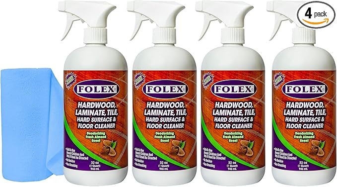 FOLEX Hardwood, Laminate, Tile, Hard Surface & Floor Cleaner with Reusable Cleaning Cloth, Fresh Almond Scent, Residue and Streak Free - 4 Pack