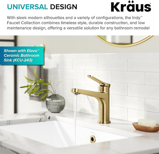 KRAUS Indy Bathroom Faucet in Spot-Free Brushed Brass with Single Handle, Pop Up Drain and Supply Lines, KBF-1411SFBB