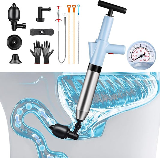 Fast High Pressure Toilet Plunger with Real-Time Barometer | Heavy Duty Air Drain Blaster & Unclogger Tool for Bathroom, Toilets, Sinks, Tubs, Pipes | Clog Remover Kit & Toilet Snake Alternative