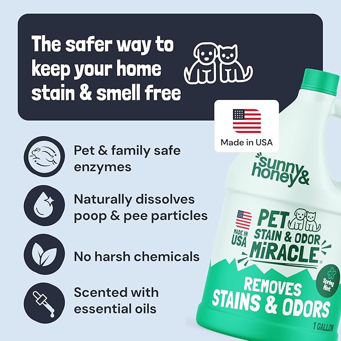 Sunny & Honey Pet Stain and Odor Remover - Enzyme Cleaner for Dog Urine and Poop on Carpets and Furniture - Strong Pet Carpet Cleaner Spray (1 Gallon Mint)