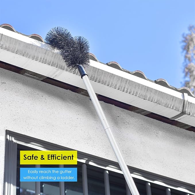 Gutter Cleaning Tool with Curved Stiff Bristles, Retractable Flexible Roof Gutter Brush Cleaner for Removing Dust, Leaves, Debris, and Branches