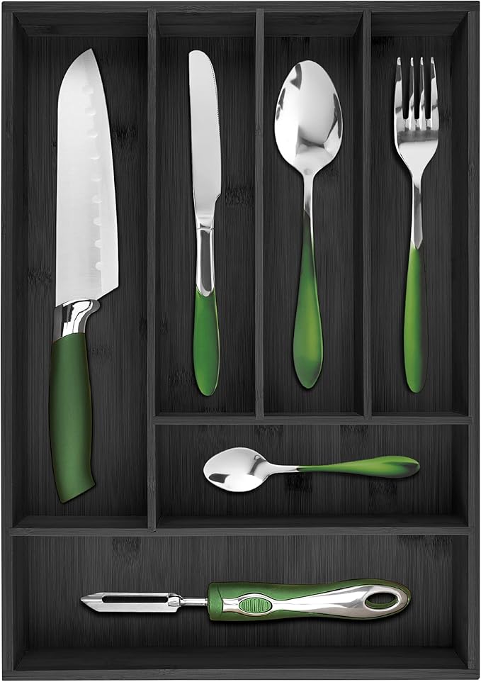 silverware tray organizer?€? Flatware Utensil Cutlery Silverware Holder for Drawer ?€? Small Extra-Deep Wooden Kitchen Drawer Organizer Divider for Spoons Forks Knives (6-Slots, Black)