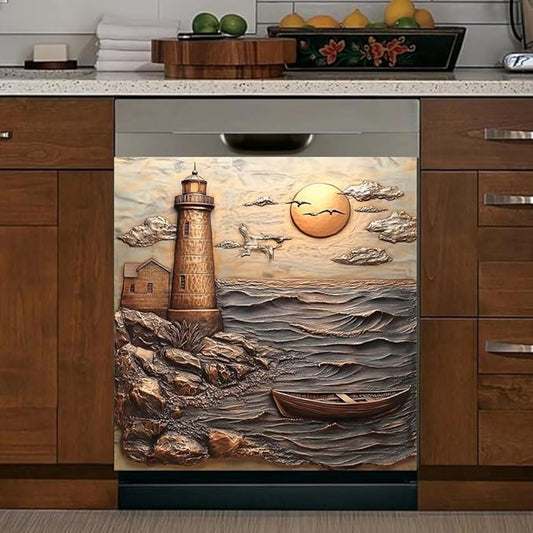 Lighthouse Ocean Scene Kitchen Decor Dishwasher Magnet Cover Decal, 3D Embossed Coastal Sunset Magnetic Dish Washer Panel Door Vinyl Sticker, Refrigerator Magnets,Easy to Clean, 23 x 26 inch