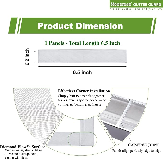 Gutter Guard – 100% Stainless-Steel Micro-Mesh Design, Pine Needle & Small Debris Protection, Fits 6 in K‑Style & Half‑Round Gutters, DIY Screws Included (6in Sample - 1 Panel)