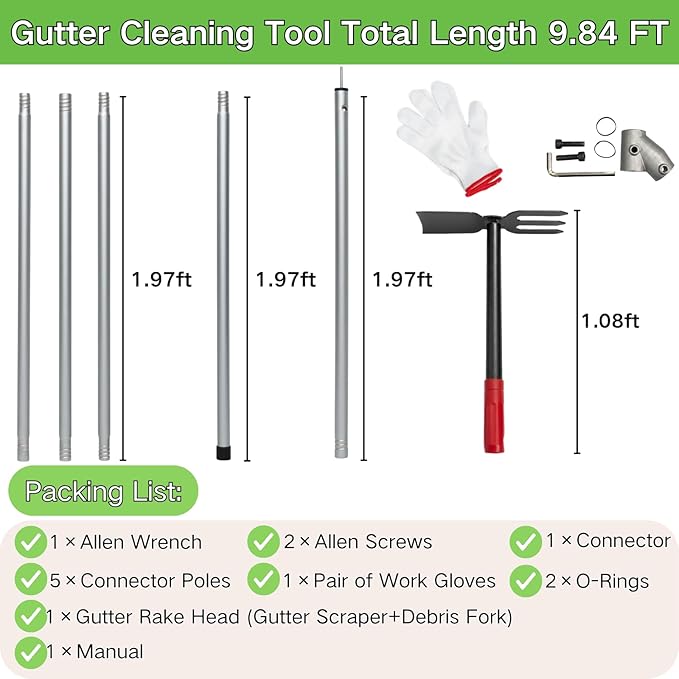 Heavy Duty Gutter Cleaning Tool, 10 Ft Leaf Gutter Cleaning Kit with Extension Pole Multifunctional Rake, Roof and Garden Debris Removal from Ground