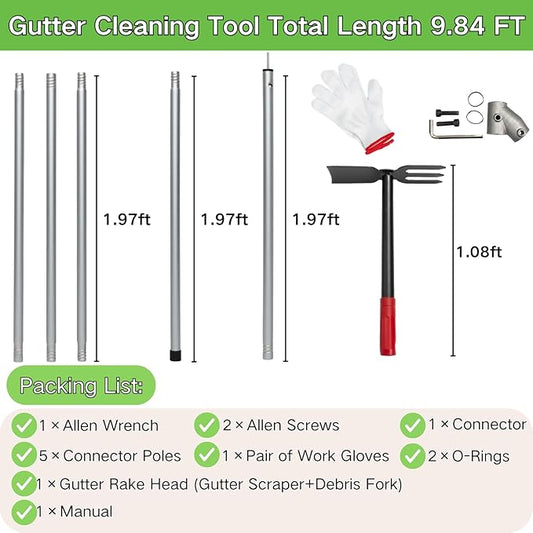 Heavy Duty Gutter Cleaning Tool, 10 Ft Leaf Gutter Cleaning Kit with Extension Pole Multifunctional Rake, Roof and Garden Debris Removal from Ground