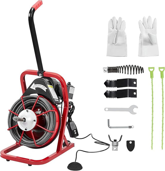 Garvee K-300K 1/2 in 75 ft 1 Red & Black Electric Drain Cleaner Machine - Automatic Auger for 1 to 4 in Pipes, Portable Design, 4 Cutters, Foot Switch Control, and Includes Gloves.