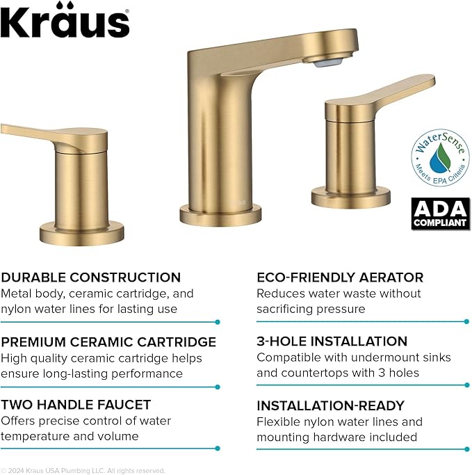 KRAUS Indy Widespread Bathroom Faucet in Spot-Free Brushed Brass with 2 Handles, Pop Up Drain and Supply Lines, FUS-14103SFBB