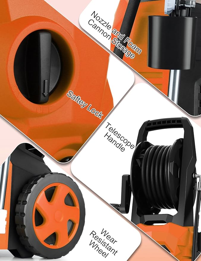 commowner𝐏𝐨𝐰𝐞𝐫 𝐖𝐚𝐬𝐡𝐞𝐫 𝟓𝟎𝟎𝟎𝐏𝐒𝐈 Portable with 33FT Pipe, 4 Nozzle Set for Home/Cars/Fences/Windows, Orange