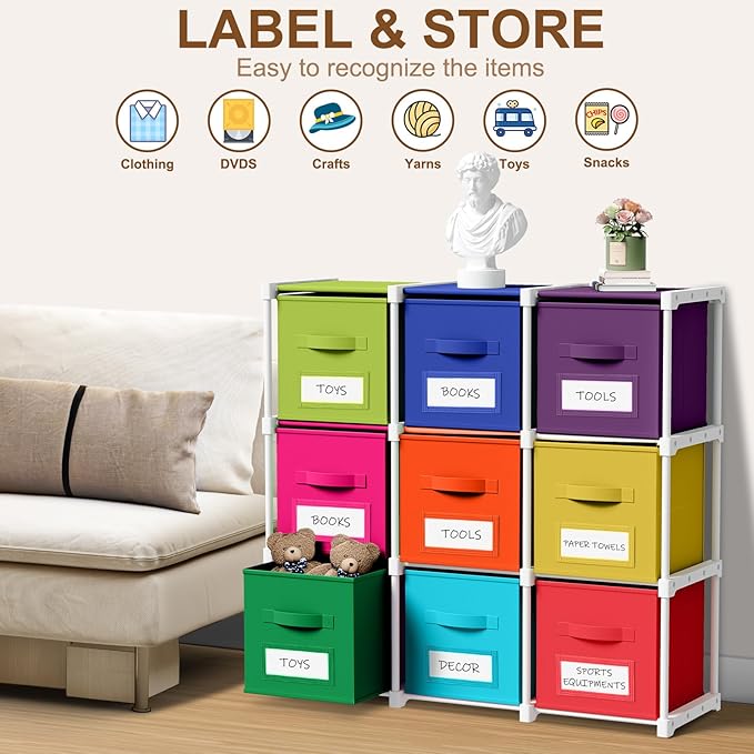 Geelin 9 Sets Cube Storage Organizer Bins with Shelf & Labels 11 Inch, Fabric Collapsible Cubby Toys Clothes Storage Drawer Unit for Daycare Nursery Playroom Bedroom Dorm Organizer (Rainbow)