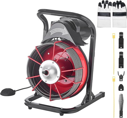 VEVOR 50FT x 1/2 Inch Drain Cleaning Machine, 250W Electric Drain Auger, Portable Sewer Snake Auger Cleaner with Cutters & Air-Activated Foot Switch for 1" to 4" Pipes, Black, Red