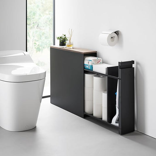 Yamazaki Home Pull-Out Bathroom Storage Cabinet – Slim Bathroom Storage Cabinet with Wood Top, Steel Organizer for Toilet Paper and Cleaning Supplies, Modern Space-Saving Design, Black - Steel + Wood