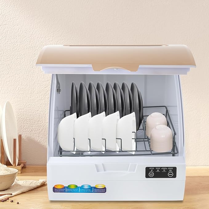 Small Countertop Dishwasher, 4 Washing Programs Neutral Freestanding Dishwasher with 3L Built-in Water Tank, 900W 360° Spraying Water Compact Dishwasher for Homes (900W White Gold)
