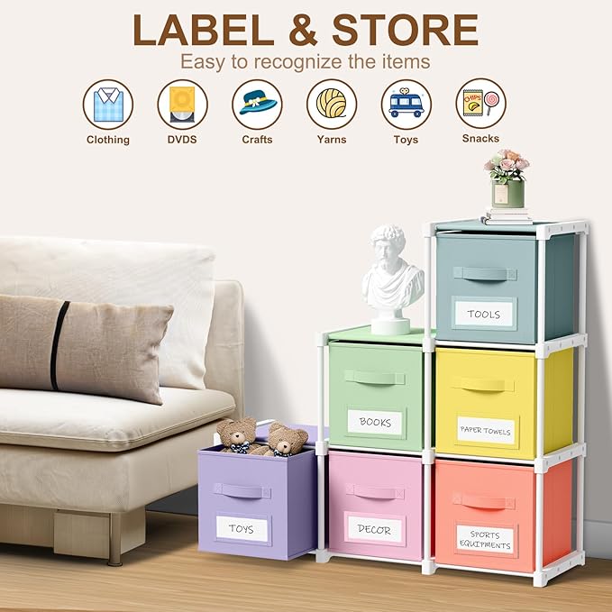 Geelin 6 Sets Cube Storage Organizer Bins with Shelf & Labels 11 Inch, Fabric Collapsible Cubby Toys Clothes Storage Drawer Unit for Daycare Nursery Playroom Bedroom Dorm Organizer (Pastel)