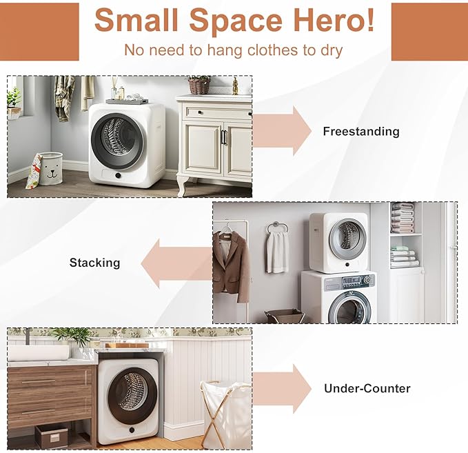 VCJ Portable Clothes Dryer for Apartment, 1.5 Cu.ft Compact Mini Electric Dryer with 5 Drying Modes, Stainless Steel Tub, Simple Knob Control, Dryer Machine for Dorm, RV, Small Space