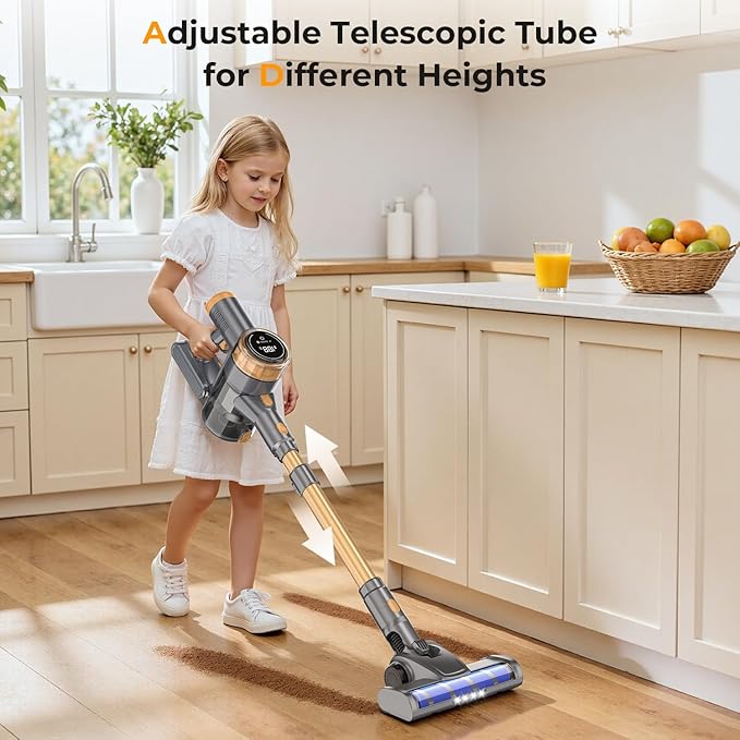 Cordless Vacuum Cleaner, 30Kpa Vacuum Cleaners for Home, Stick Vacuum with LED Display, 2 Roller Brushes for Anti-Tangle & Hard Floor, 6 in 1 Lightweight Vacuum for Hard Floors Carpet Pet Hair