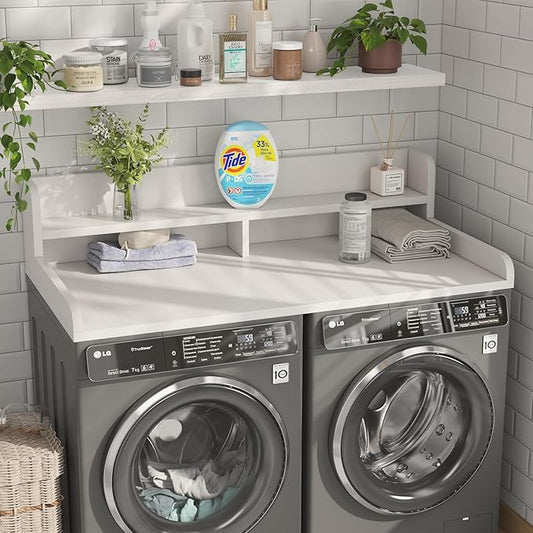 2-Tier Washer Dryer Countertop with 2.75"H Edge Rails, 54" W x 27.55" D Laundry Countertop for Folding Clothes, Washer and Dryer Topper with Non-Slip Pad (White)