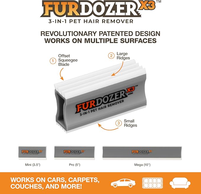 FurDozer Pet Hair Remover & Auto Detailing Tools - Cat & Dog Hair Remover for Carpets, Car Interiors, Couches, Bedding, & Pet Furniture (Gray, X3 MINI - 3.5" Long) - Image 2