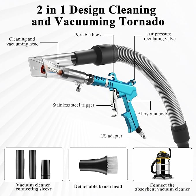 2IN1 Car Interior Detailing Air Blow Gun & vacunm Gun with Adjustable Air Flow Nozzle,Cleaning Gun Quickly Blasts Dirt and Dust from Surface Works with Air Compressor(Upgrade Rotate Tube) Blue