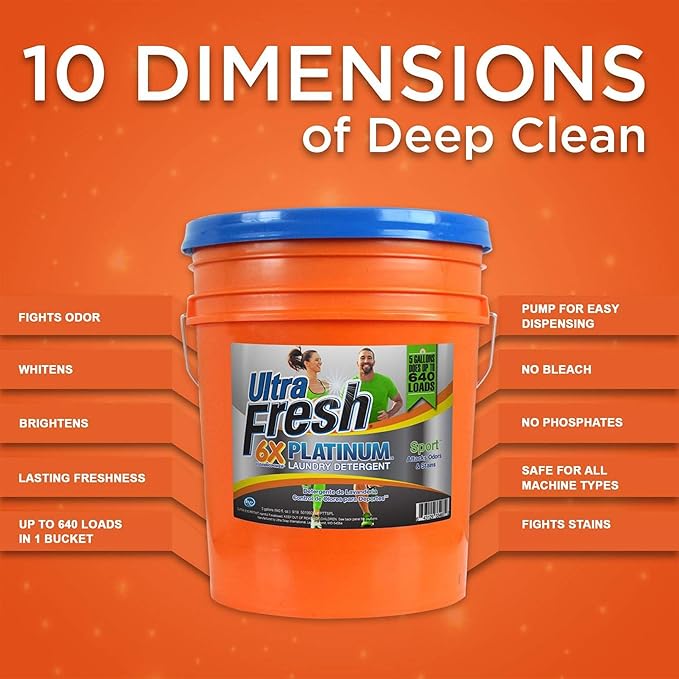 Ultra Fresh Platinum Sport 5 Gallon 6x Laundry Detergent Suitable for All Machine Type and Up to 640 Laundry Loads with Pump (2 Pack)