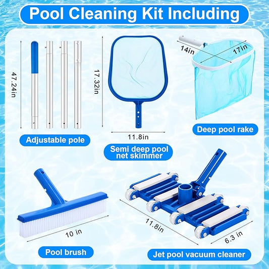 Tioncy 5 Pcs Pool Vacuum Cleaning Kit Includes Right Corner Pool Vacuum, 2 Skimmer Nets with 47" Adjustable Pole and 1 Brush for Above Ground Ponds Hot Tub Spa Wall Floor Cleaning Maintenance